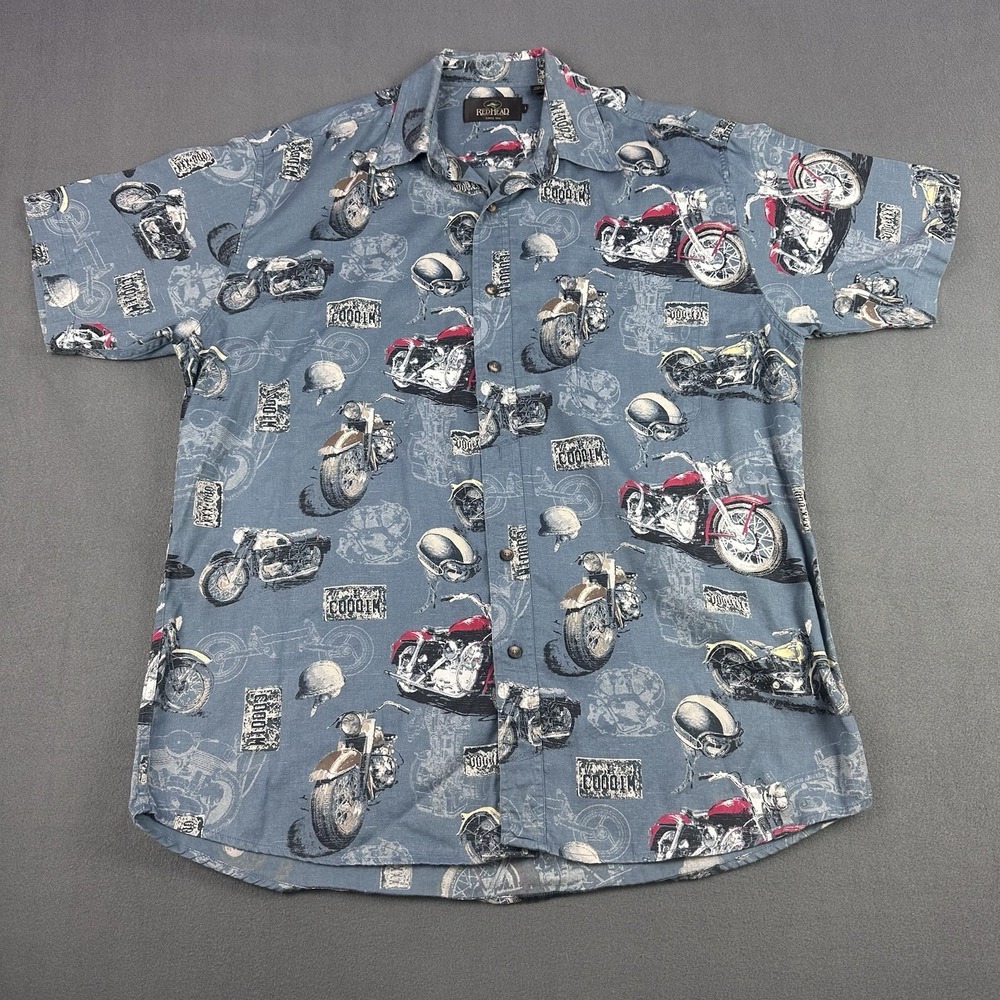 Redhead Motorcycle Camp Shirt Slate Blue Novelty Print Cotton Preowned